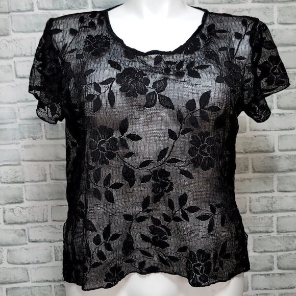 Vintage 80s 90s Sheer Burnout Floral Mesh Popover Short Sleeve‎ Top Grunge - Picture 1 of 6